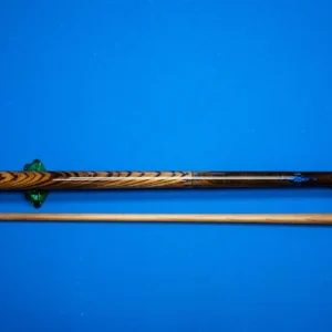 Full view of the handcrafted Zebra pool cue featuring zebra wood and pheasant wood